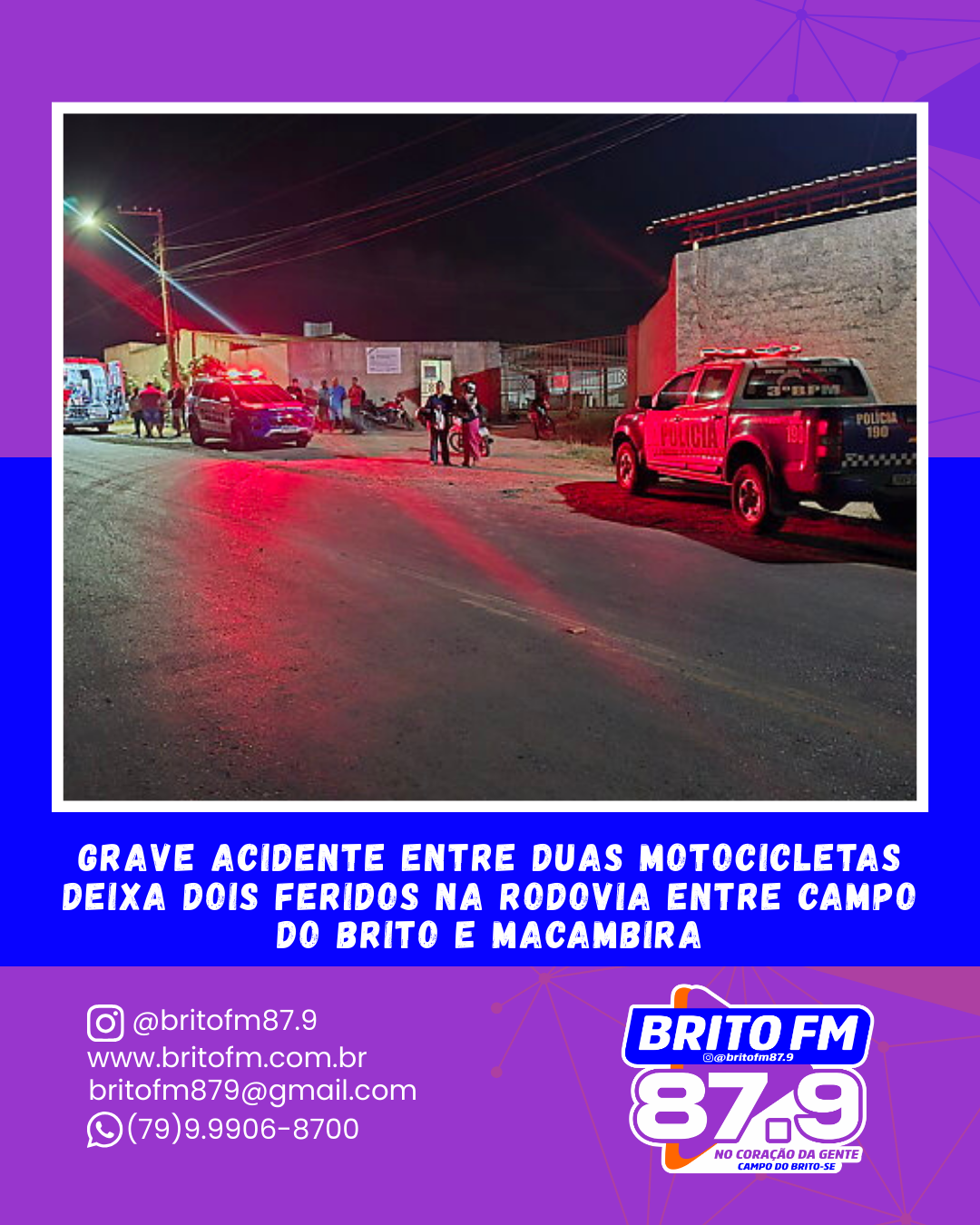 Grave acidente entre duas motocicletas deixa dois feridos na rodovia entre Campo do Brito e Macambira