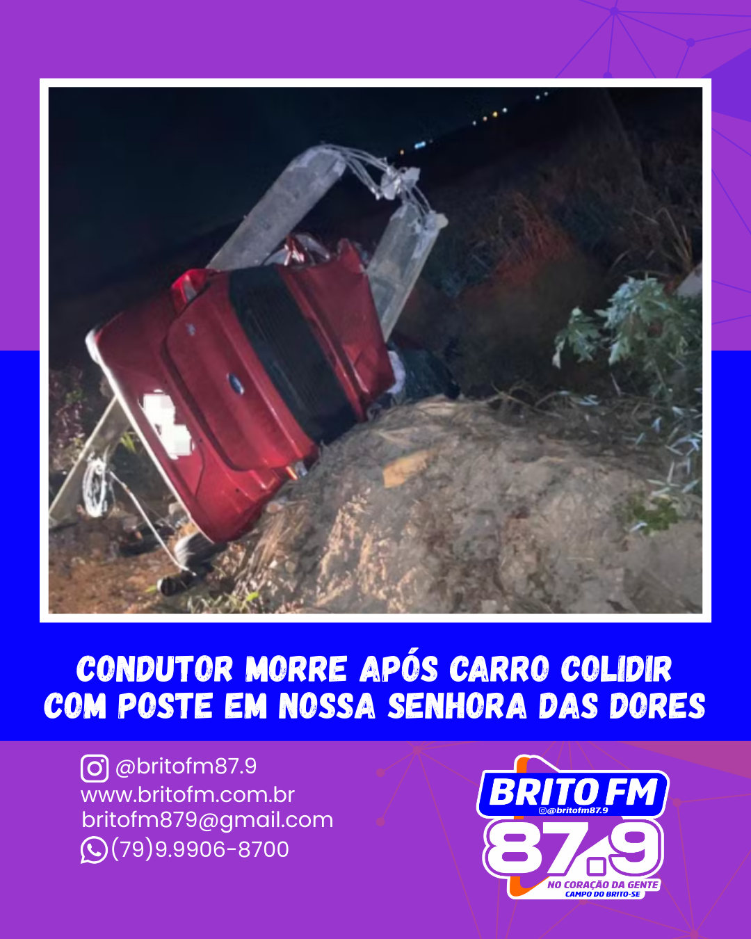 Condutor morre após carro colidir com poste em Nossa Senhora das Dores