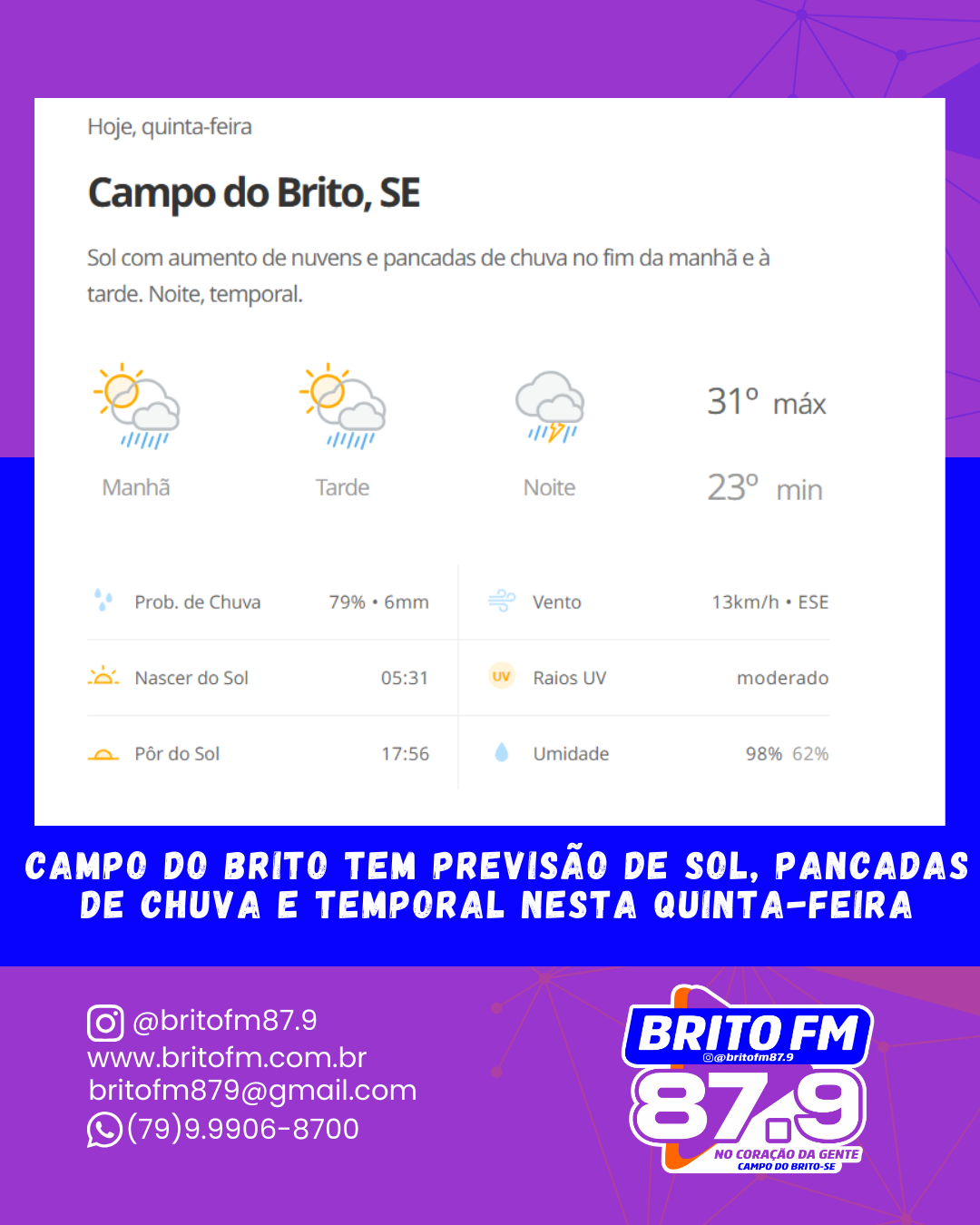 ​Campo do Brito tem previsão de sol, pancadas de chuva e risco de trovoadas nesta quinta-feira
